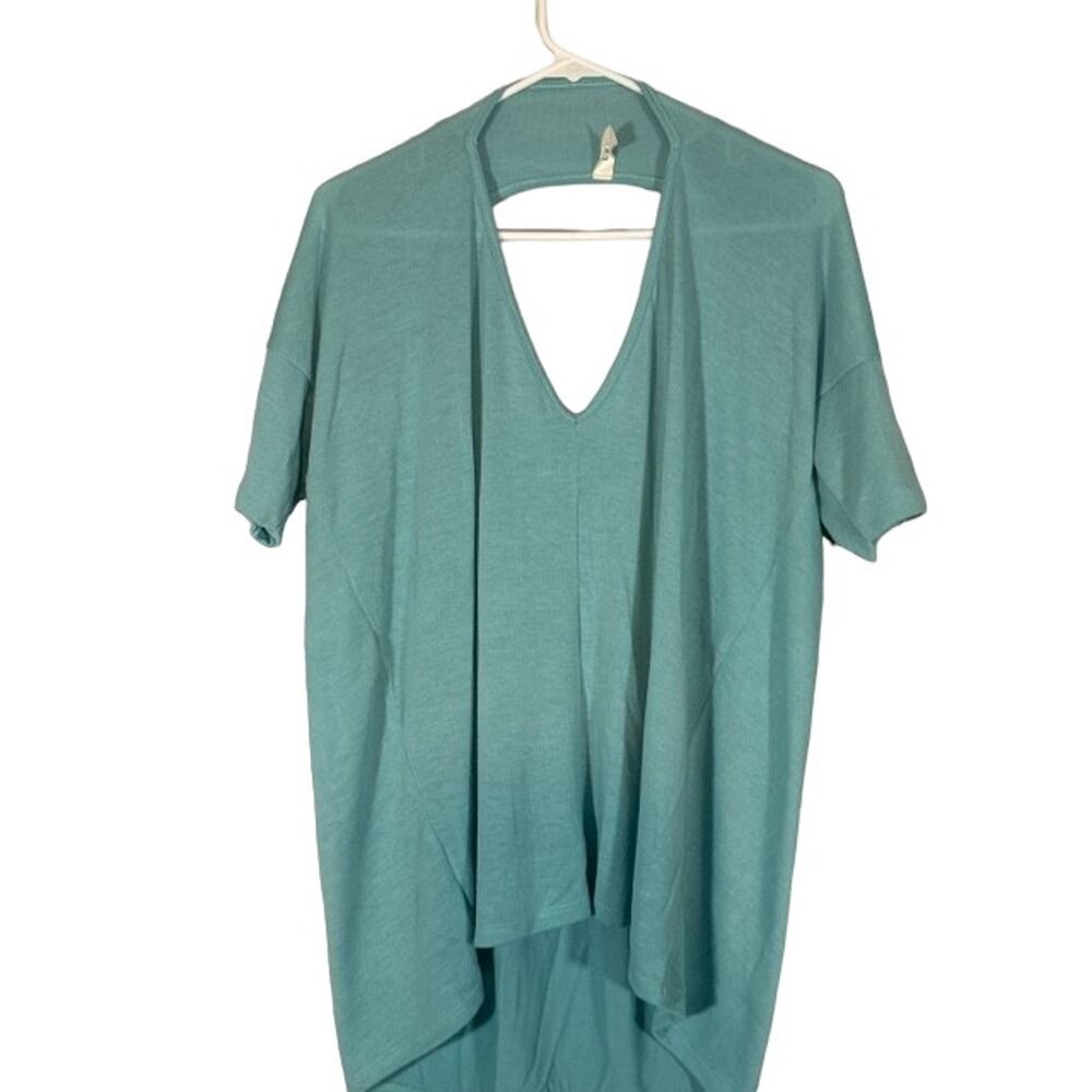 Luxe Baby Blue Short Sleeve Cut out Back Oversized Classic Blouse Women Sz M